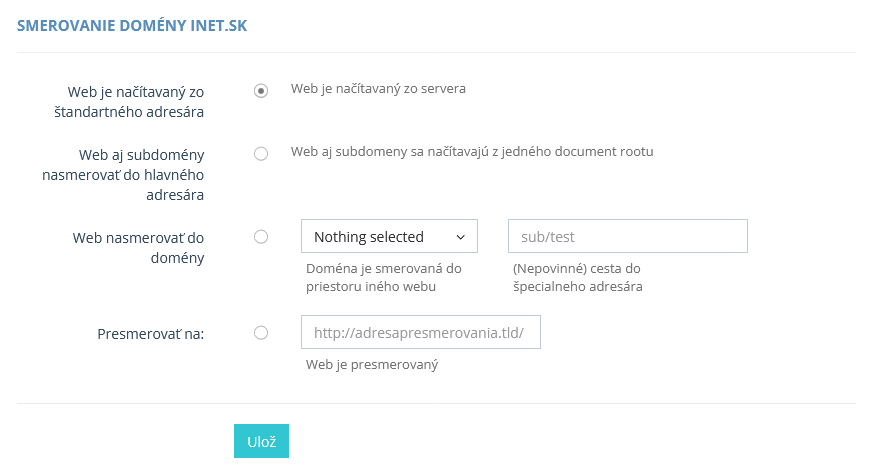 Presmerovanie domény cez Admin Panel